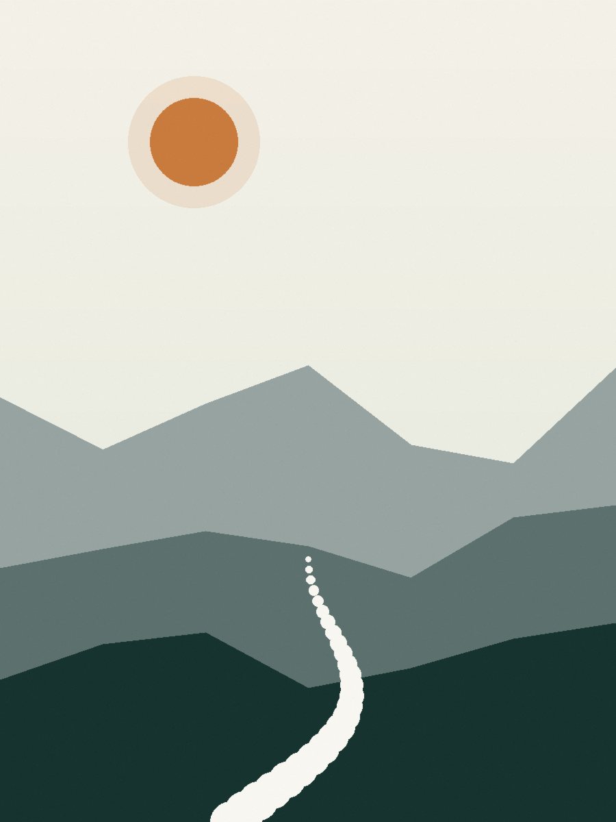 Hiker on an open trail between hills at sunrise